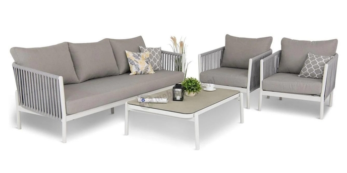Sofa ogrodowa biała 219cm z fotelami i stolikiem kawowym Logano